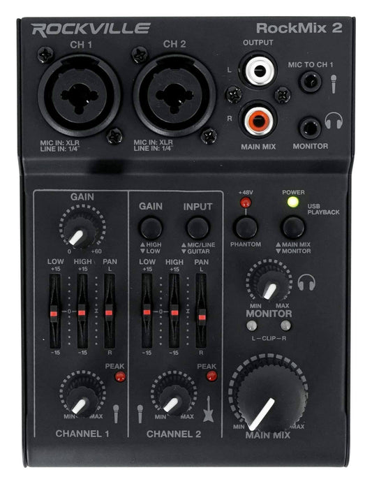 Rockmix 2 Channel Mic/Instrument Pro Recording Mixer+Usb Interface/Eq