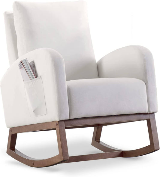 Rocking Chair Nursery Glider Rocker Chair High Backrest Upholstered Velvet Accent Armchair With Side Pocket For Living Room Bedroom Office